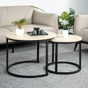 2-Piece Round Nesting Coffee Table Set  Metal Frame Wood Top