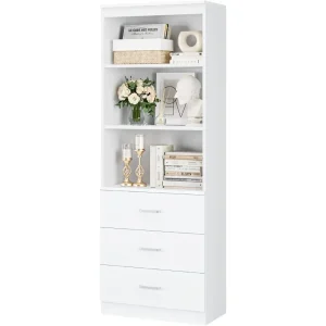 71" H White Bookshelf with Drawers 3-Tier Open Shelves