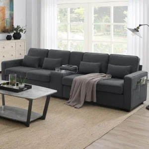 114.2" Upholstered Sofa with Storageable Coffee Table and 2 Cupholders, 2 USB Ports Wired or Wirelessly Charged