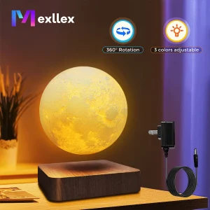 Magnetic Floating Rotating Moon Lamp with Wooden Base, 3 Color Temperature LED Night Light