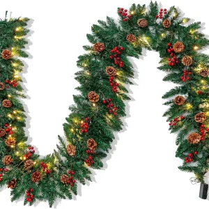 9Ft  Christmas Garland Pre-lit with LED Lights 27 Pine Cones 27 Red Berries