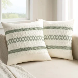 Set of 2 Sage Green Boho Decorative Pillow Covers 18x18 Inch