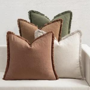 Neutral Linen Fringe Throw Pillows