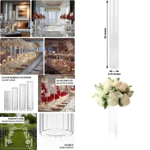 Pair of 28 Tall Ribbed Glass Vases