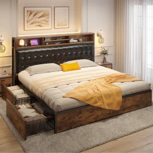 Upholstered  Headboard Platform Bed w/ Storage Drawers