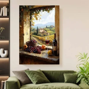 Framed Tuscany Vineyard Window View Canvas Wall Art