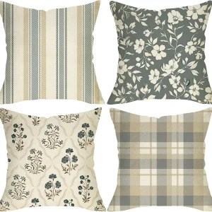 4Pcs Floral & Plaid Throw Pillow Covers
