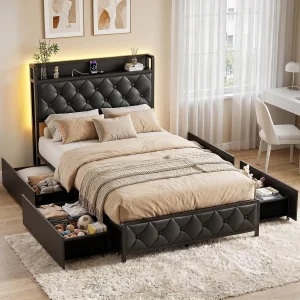 Twin Bed Frame with Button Headboard, PU Leather, All-Metal Support