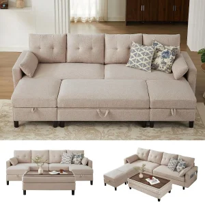 101" Convertible Sectional Sofa with Ottoman Coffee Table