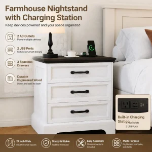 3 Drawer White Bedside Table